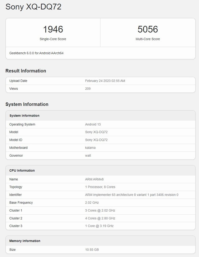 索尼Xperia 5 V现身GeekBench：16G RAM，骁龙8Gen2插图2