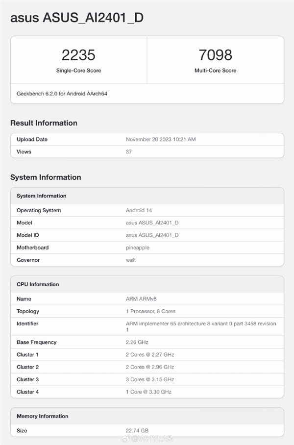 ROG游戏手机8现身Geekbench：骁龙8 Gen3、配备24GB大内存插图2