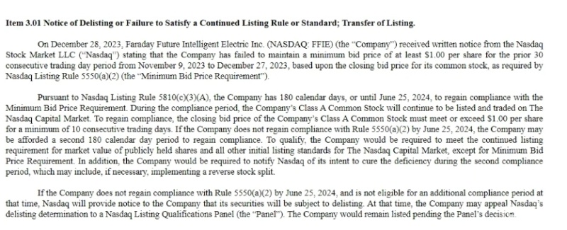 法拉第未来再收纳斯达克退市警告 市值仅0.29亿美元插图
