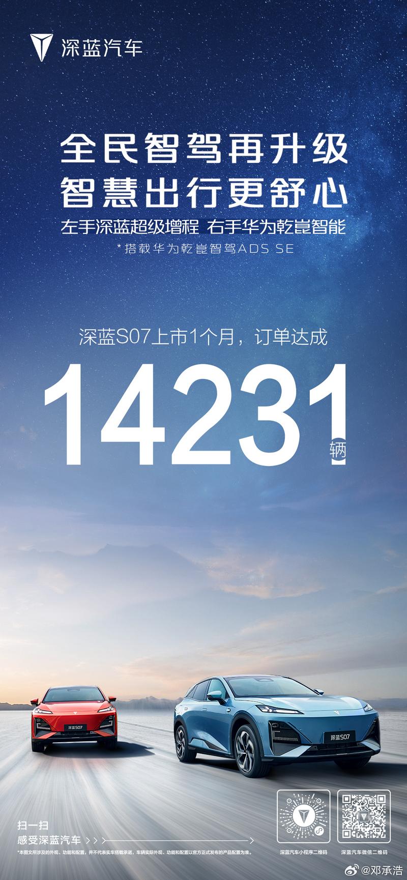 深蓝S07上市1个月订单达成14231辆 售14.99万元起插图1