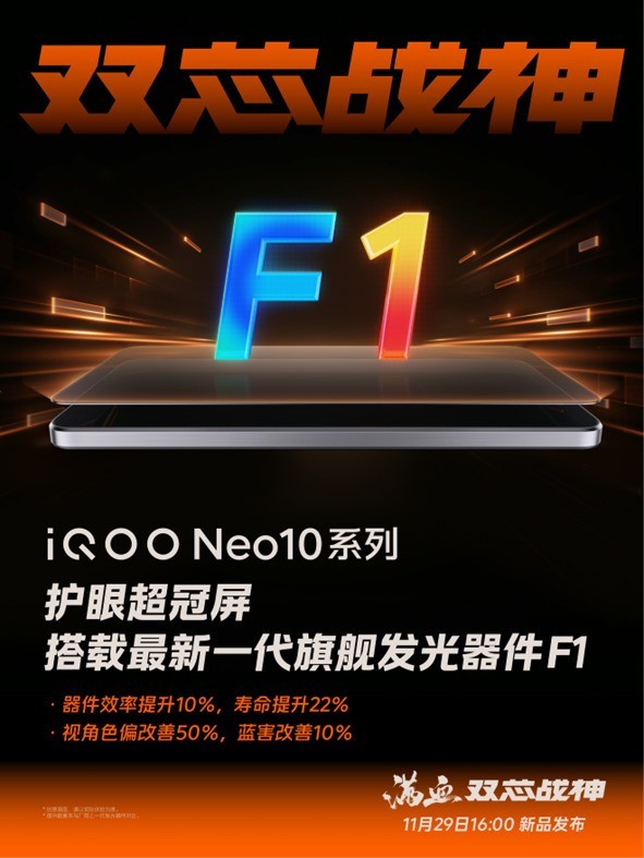 iQOO Neo10全系标配护眼超冠屏 搭载旗舰级F1发光器件插图