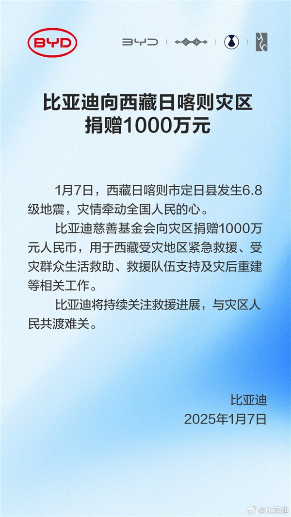 国产车企集体向西藏地震灾区捐款 比亚迪捐赠1000万元插图